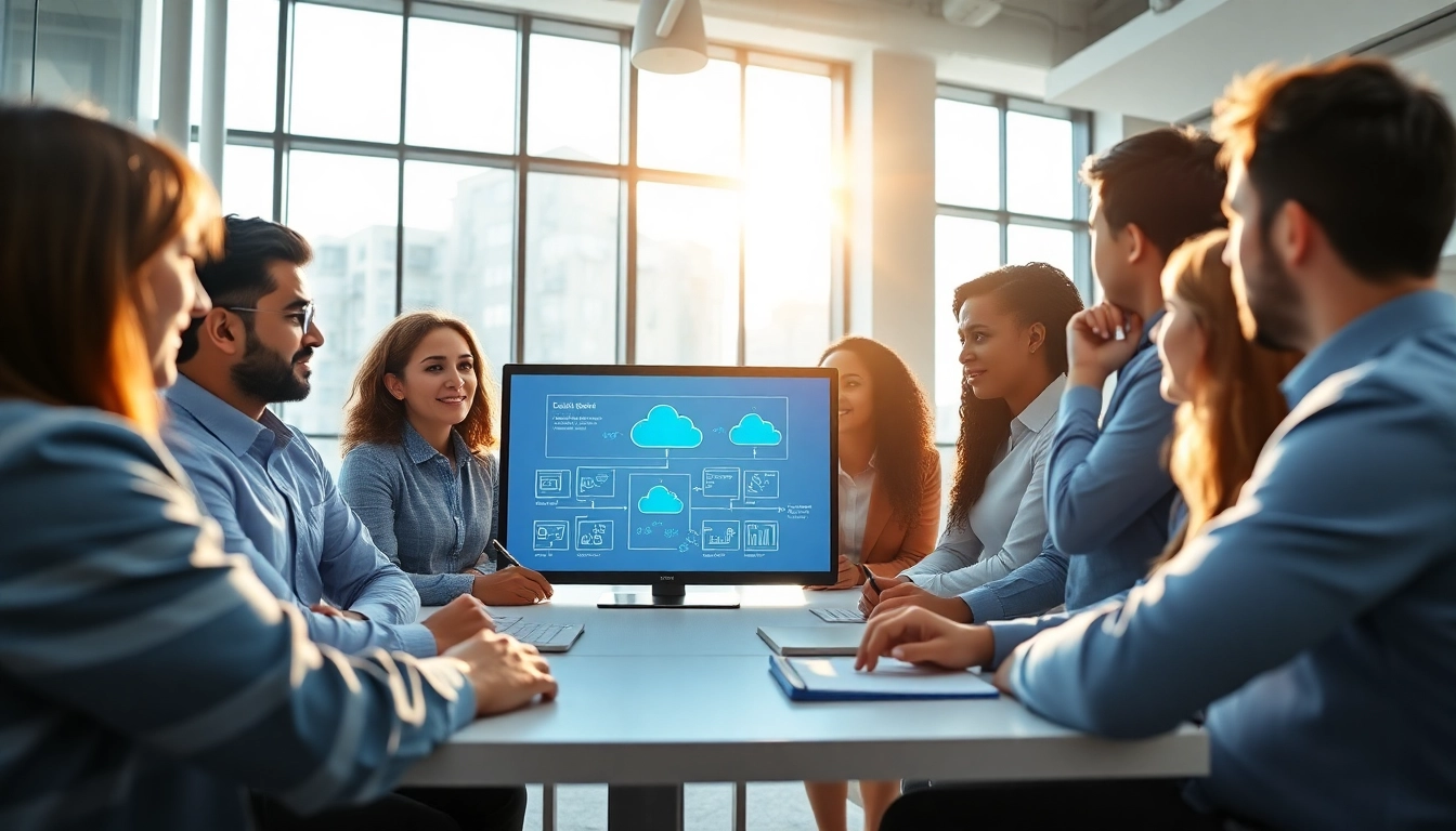 Enhance cloud migration services with a professional team collaborating in a modern office.