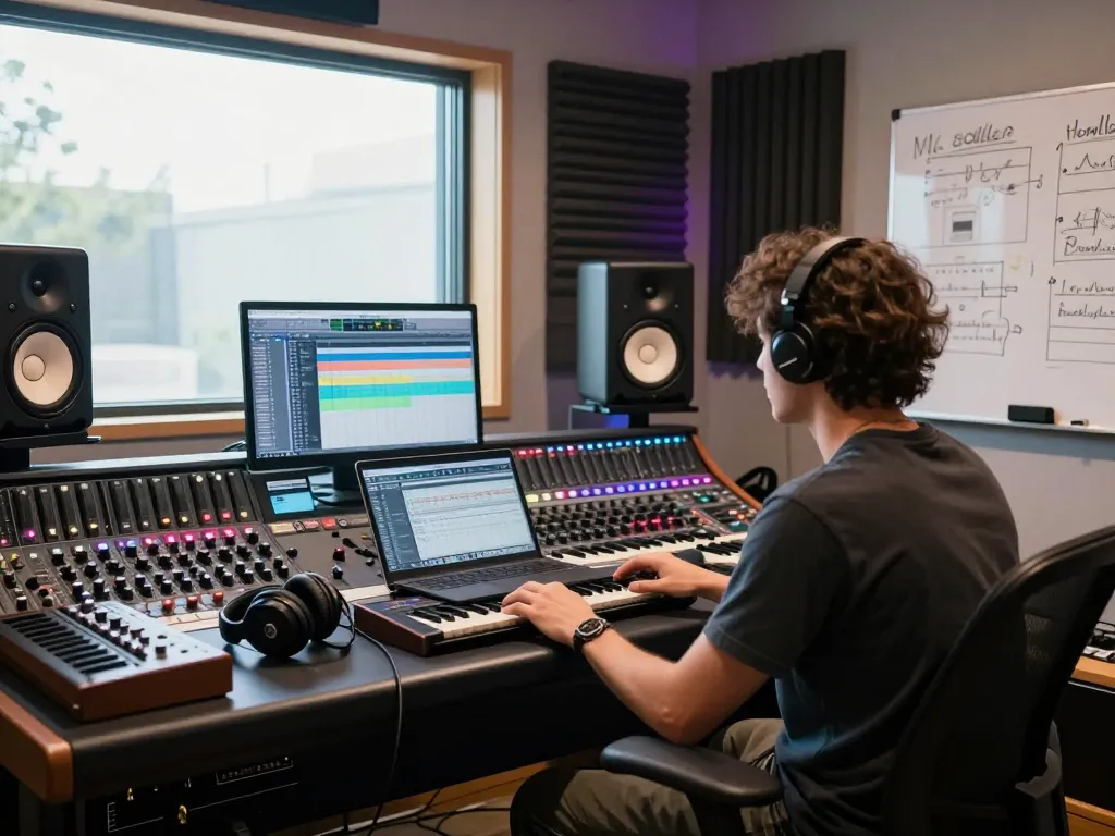 Musician mixing tracks with the Roland SC88 in a modern studio.