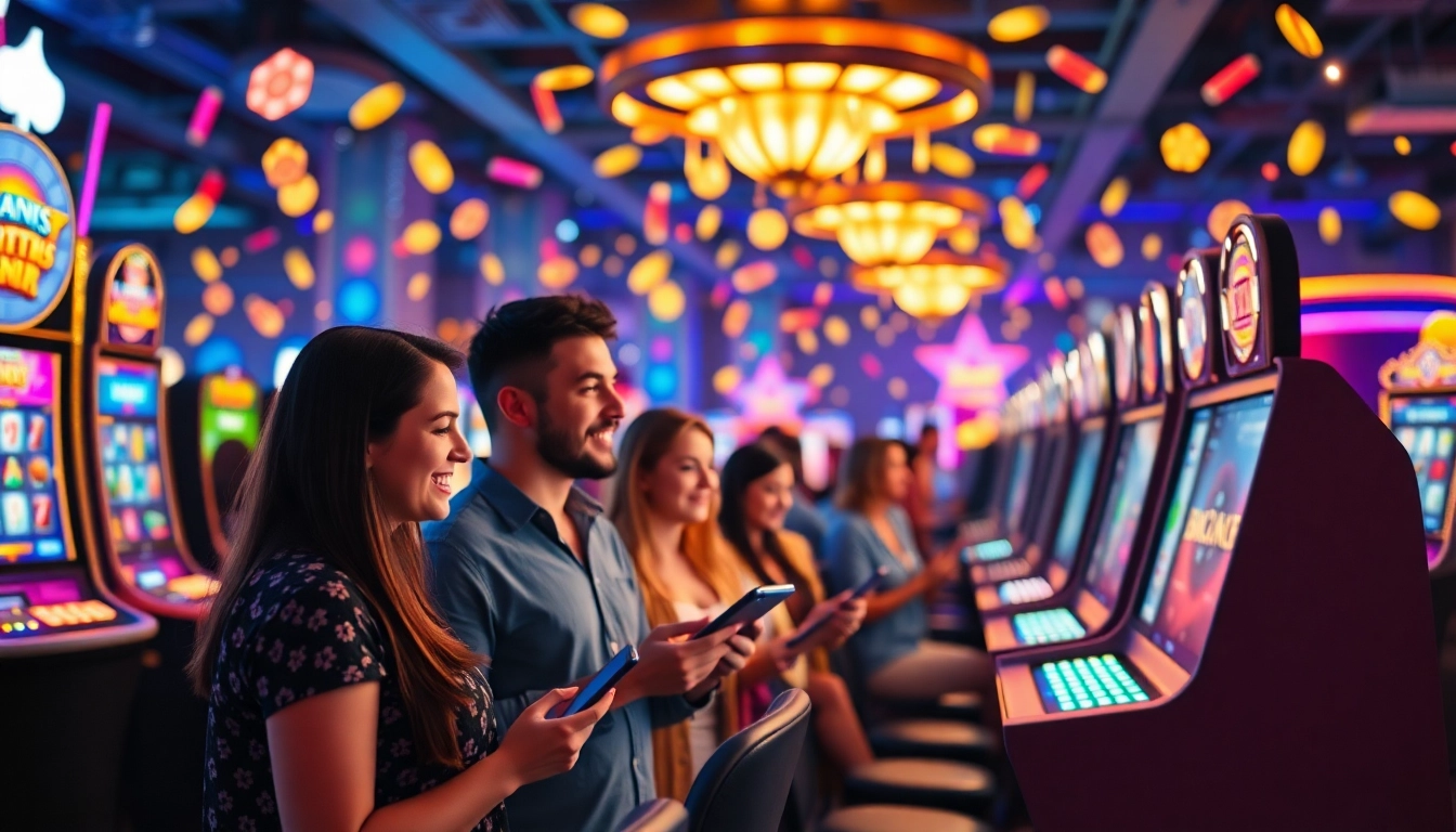 Players enjoy various games at an Online casino Uk, showcasing excitement in a vibrant digital setting.