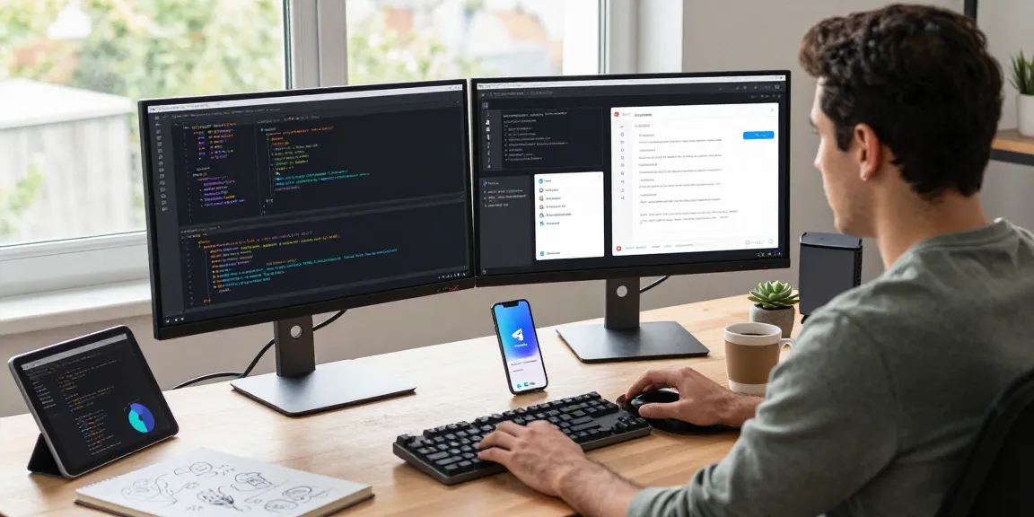 Engaged developer working with Telegram's 纸飞机中文版 on dual screens in a modern tech workspace.