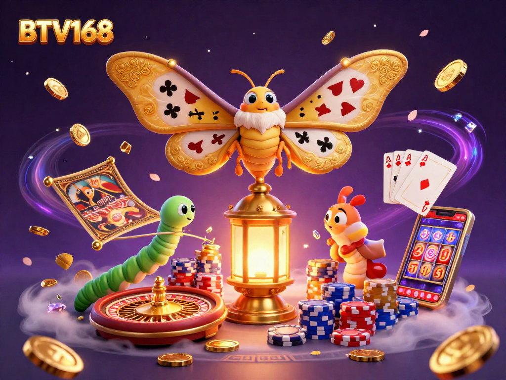 BTV168 immerses players in vibrant casino scenes with golden coins, roulette, and card elements.