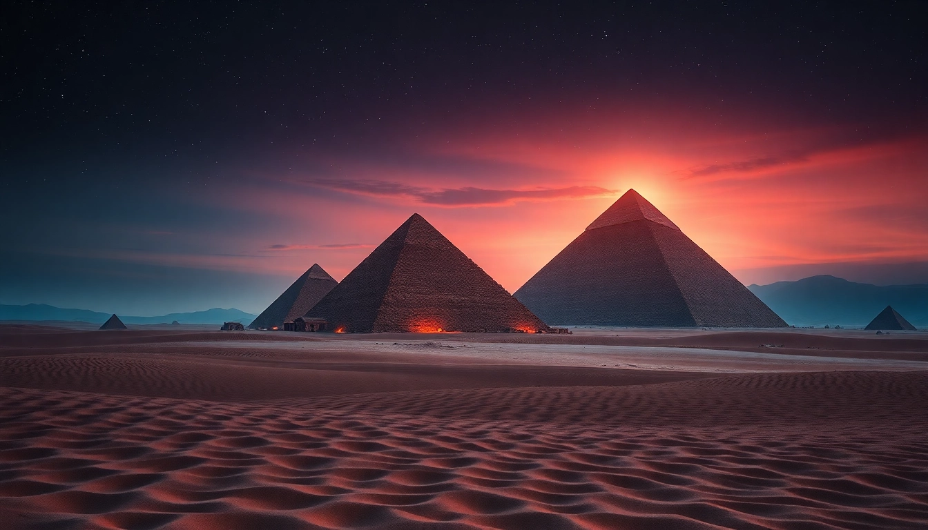 Piraminds illuminated under twilight, showcasing their majestic structures and inspiring atmosphere.