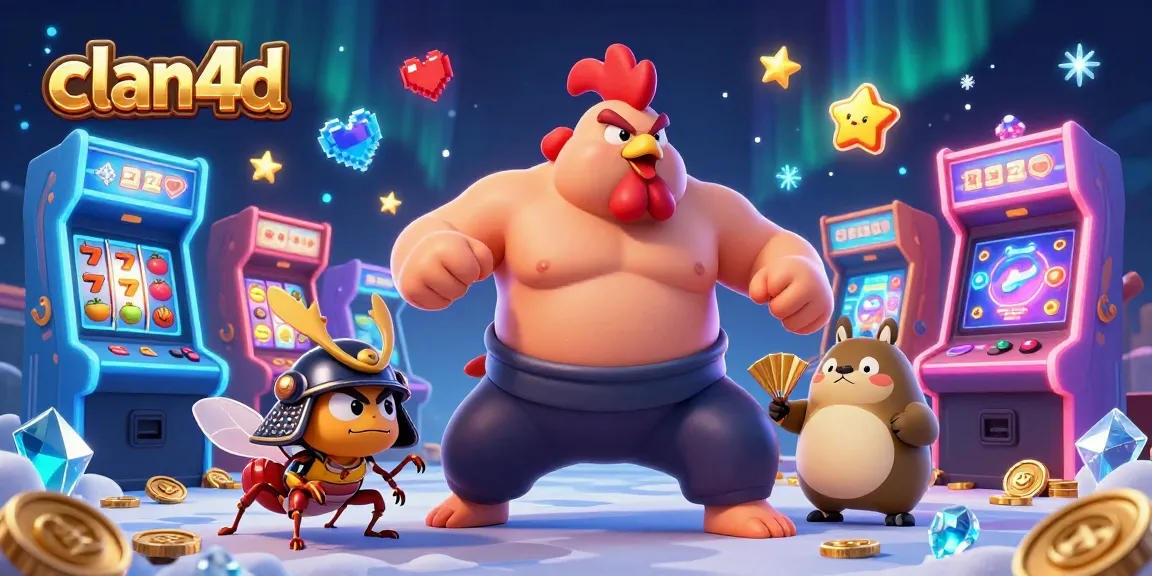 Engage with clan4d's vibrant casino scene featuring a powerful rooster, a fierce cricket, and a tanuki announcer!