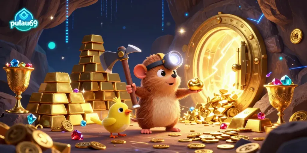 Join the treasure hunt with pulau69, as a mole picks gems in a glowing cave filled with treasures.