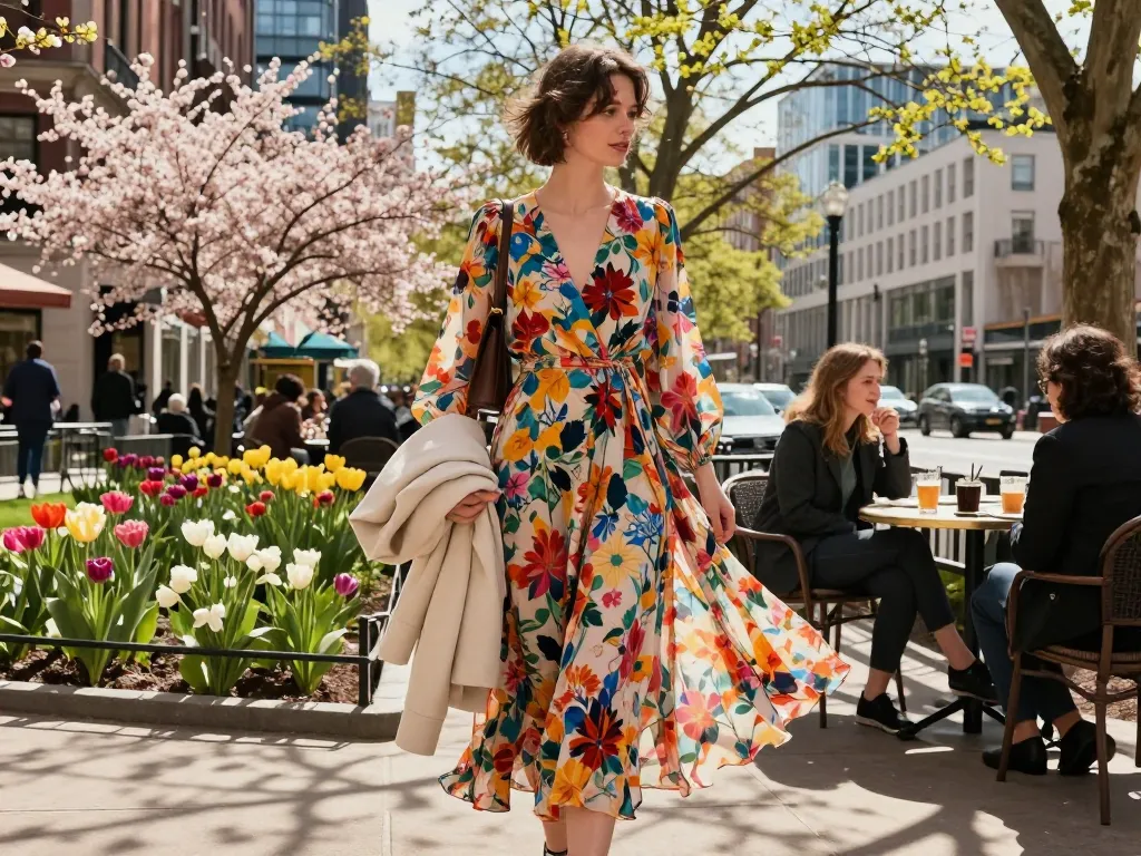 Trendy person in a floral dress in spring amidst city blooms