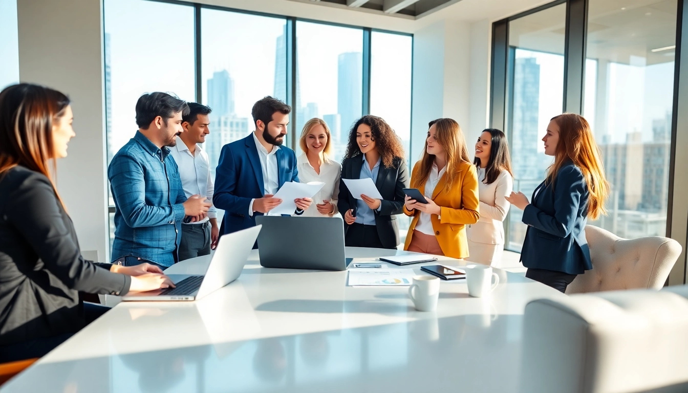 Engaged business team discussing strategies in a modern office atmosphere.