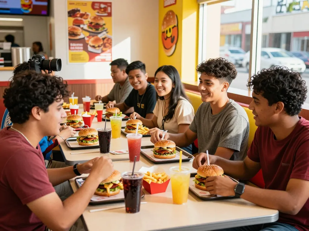 Friends enjoying fast food prices together in a vibrant restaurant setting.