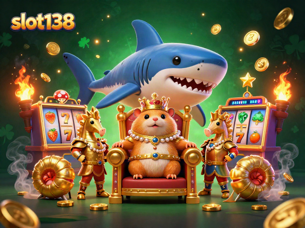 Engage with slot138 and spin the reels of fortune with a fierce hamster king in a vibrant casino setting.