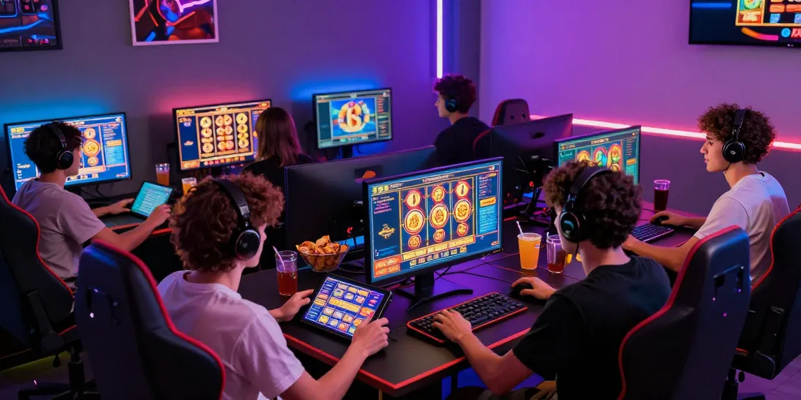 Engaged gamers enjoying pragmatic slot games in a vibrant neon-lit room, showcasing competitive spirit and excitement.