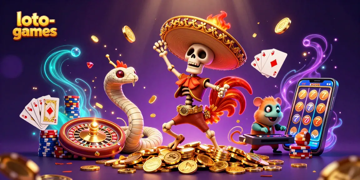 Celebrate wins at loto-games with a vibrant 3D casino party illustration featuring colorful characters and elements.