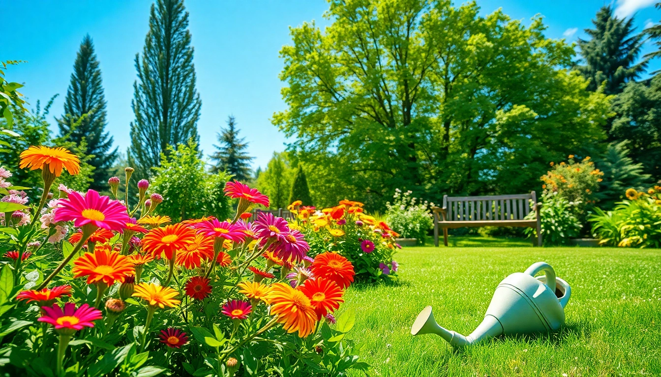 Gardening in a vibrant flower-filled garden showcasing colorful blooms and lush greenery.