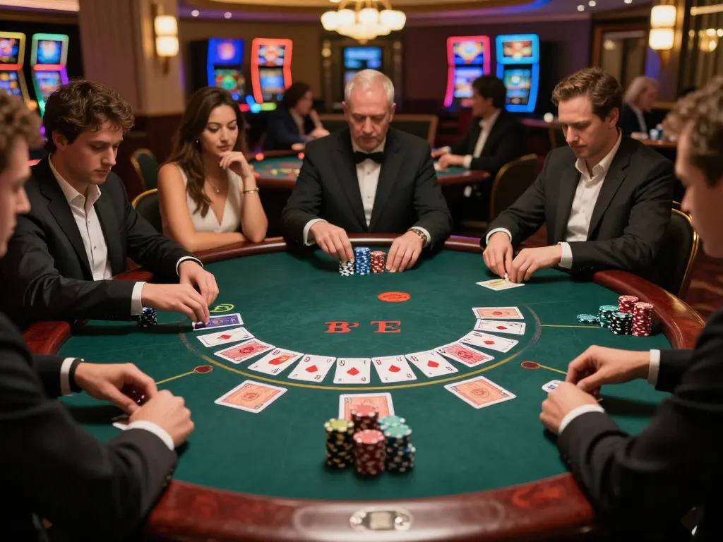Players enjoying a blackjack game at 388bet casino, showcasing tension and strategic gameplay with chips and cards.