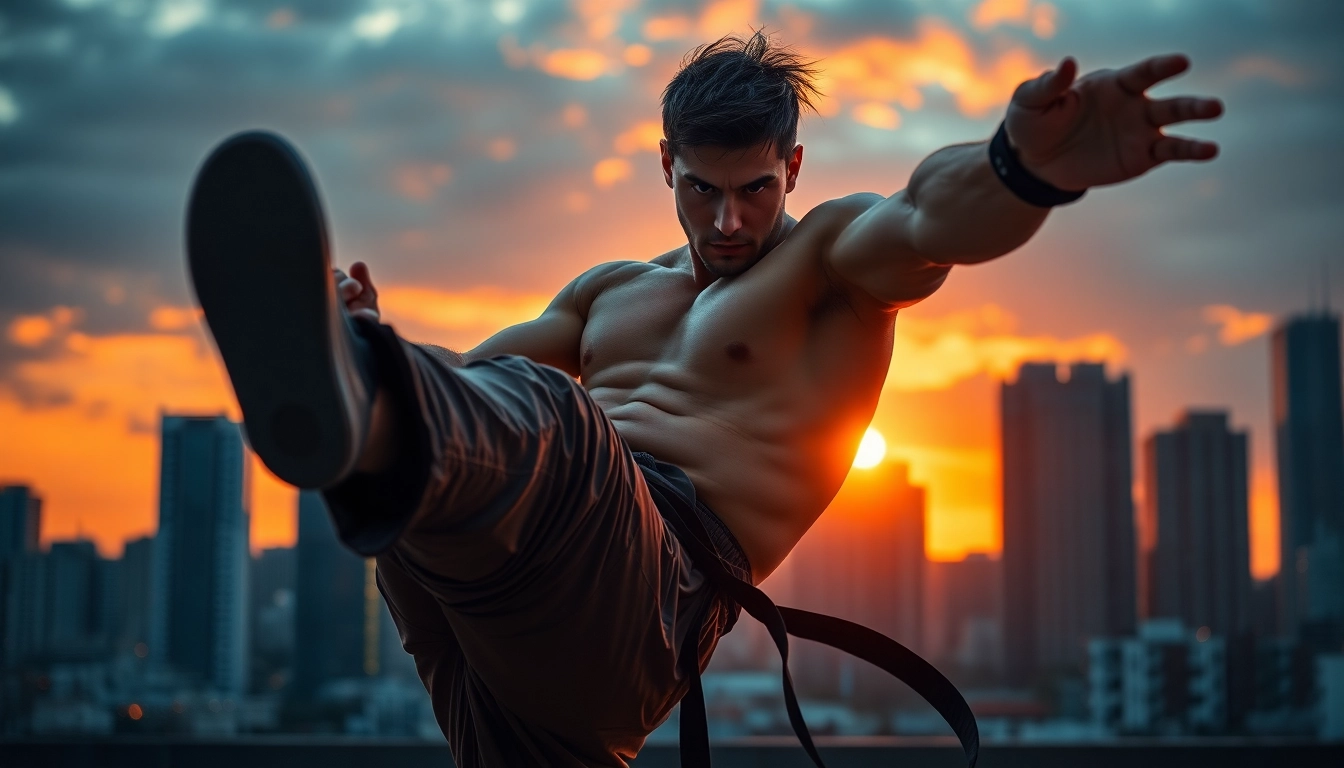 Depicting a gripping Martial Arts Thriller scene with a focused athlete executing a precise high kick.