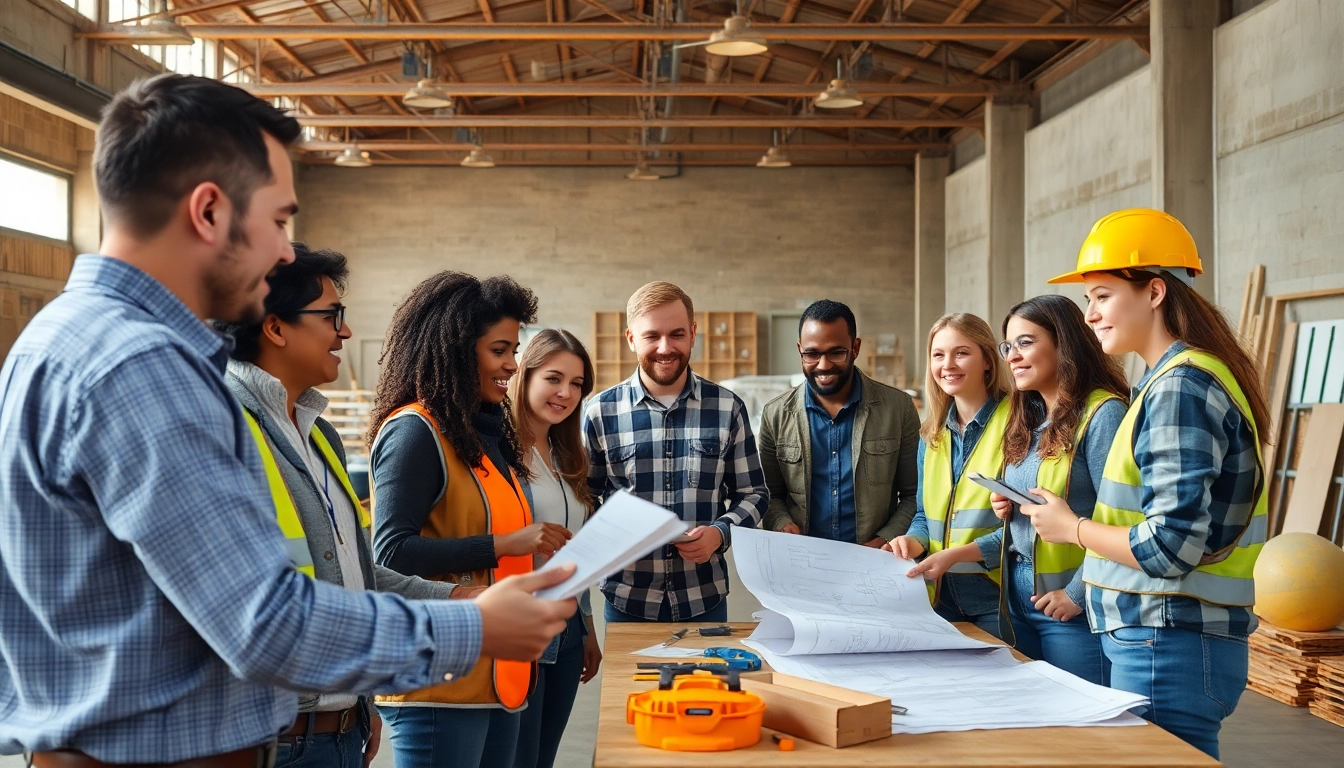 Engaged participants in construction training programs actively collaborating in a workshop environment.