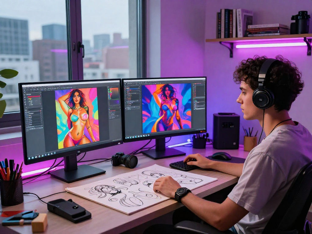 Innovative artist workspace creating ai porn digital art with vibrant colors.