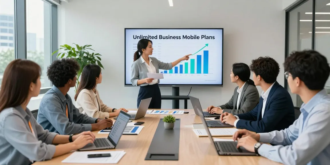 Team collaborating on unlimited business mobile plans in a modern office environment