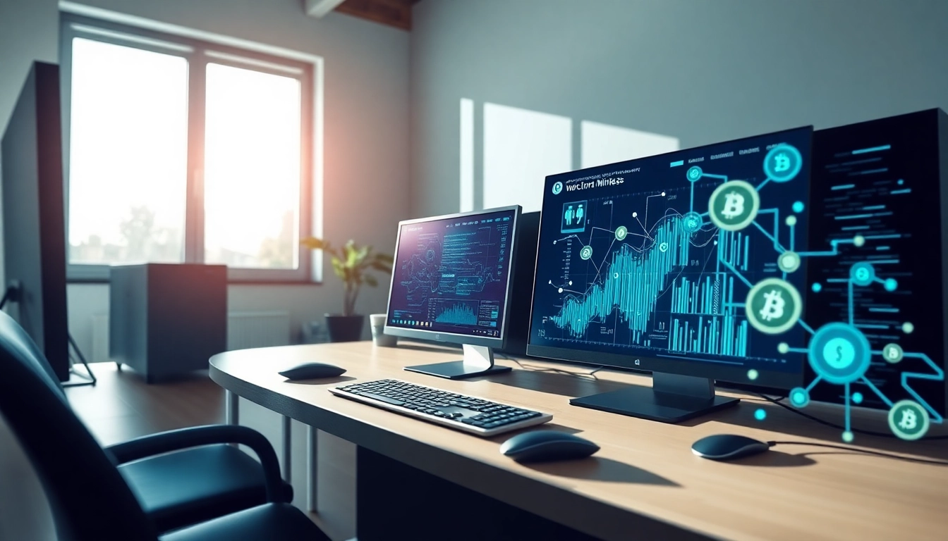 Cloud mining digital workspace showcasing modern tech and cryptocurrency graphics.