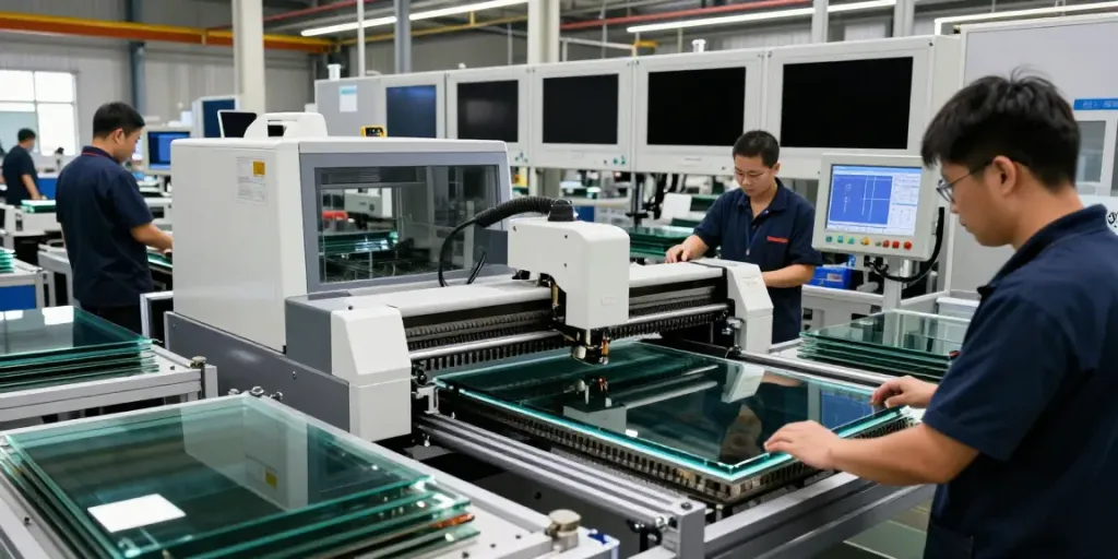 Eworld Machine showcasing advanced glass machinery in a modern factory.