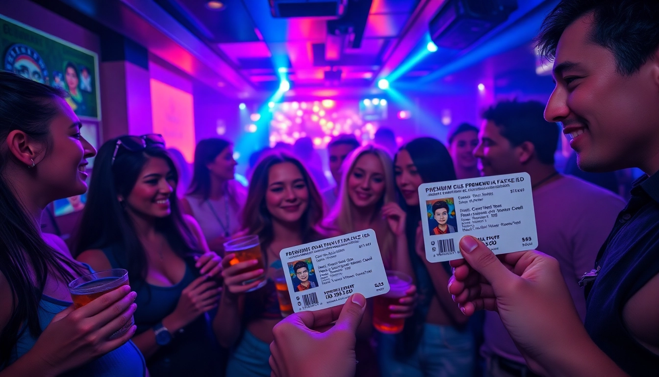 Club21 fake ids showcased in a lively club scene with vibrant lighting and young adults enjoying themselves.