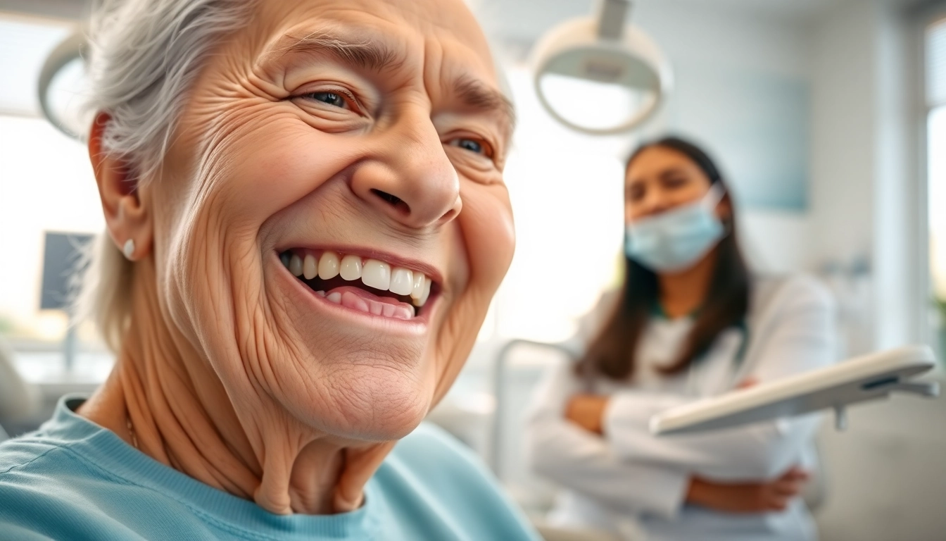 Denture fitting with a happy patient in Frankfort IL dental office showcasing comfort and care.