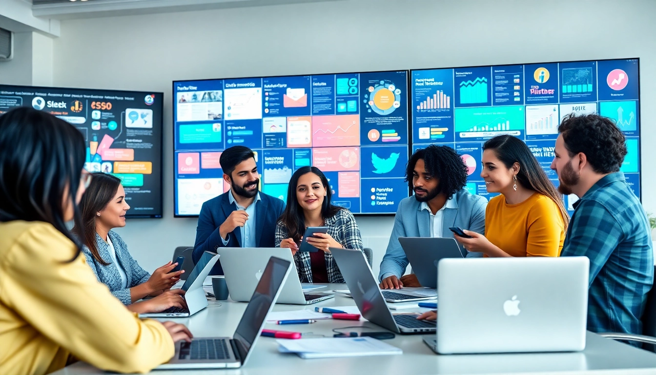 Team brainstorming strategies at a social media agency in a bright, modern office.