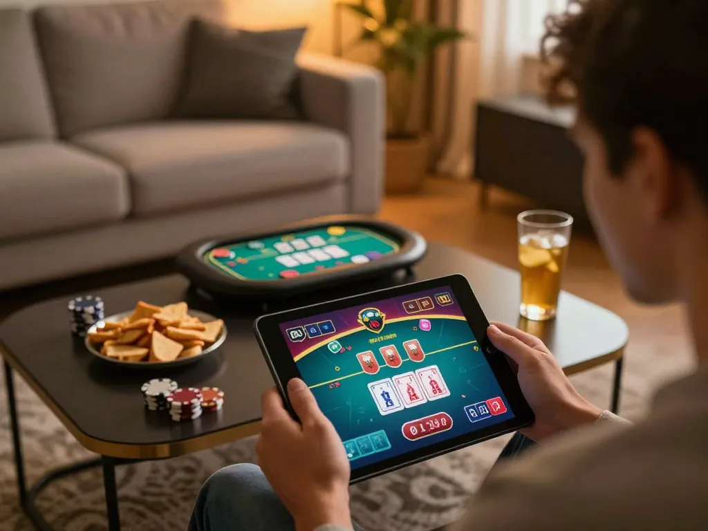 Engaged player accessing BUKA77 online table games on a tablet in a cozy setting.