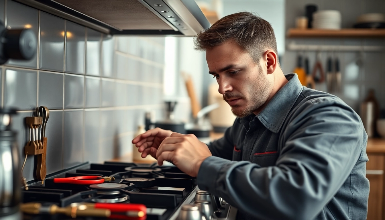 Gas stove repair near me with a technician diagnosing issues in a bright kitchen.