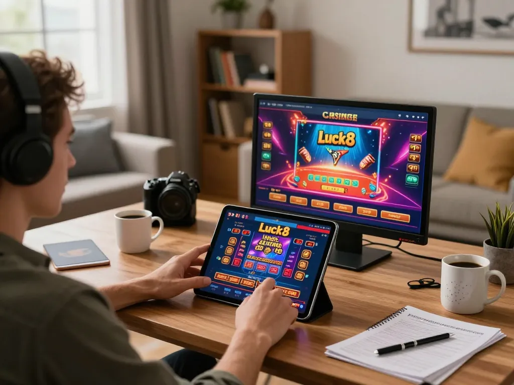 Player immerses in the luck8 online casino experience on tablet, showcasing strategic gameplay.