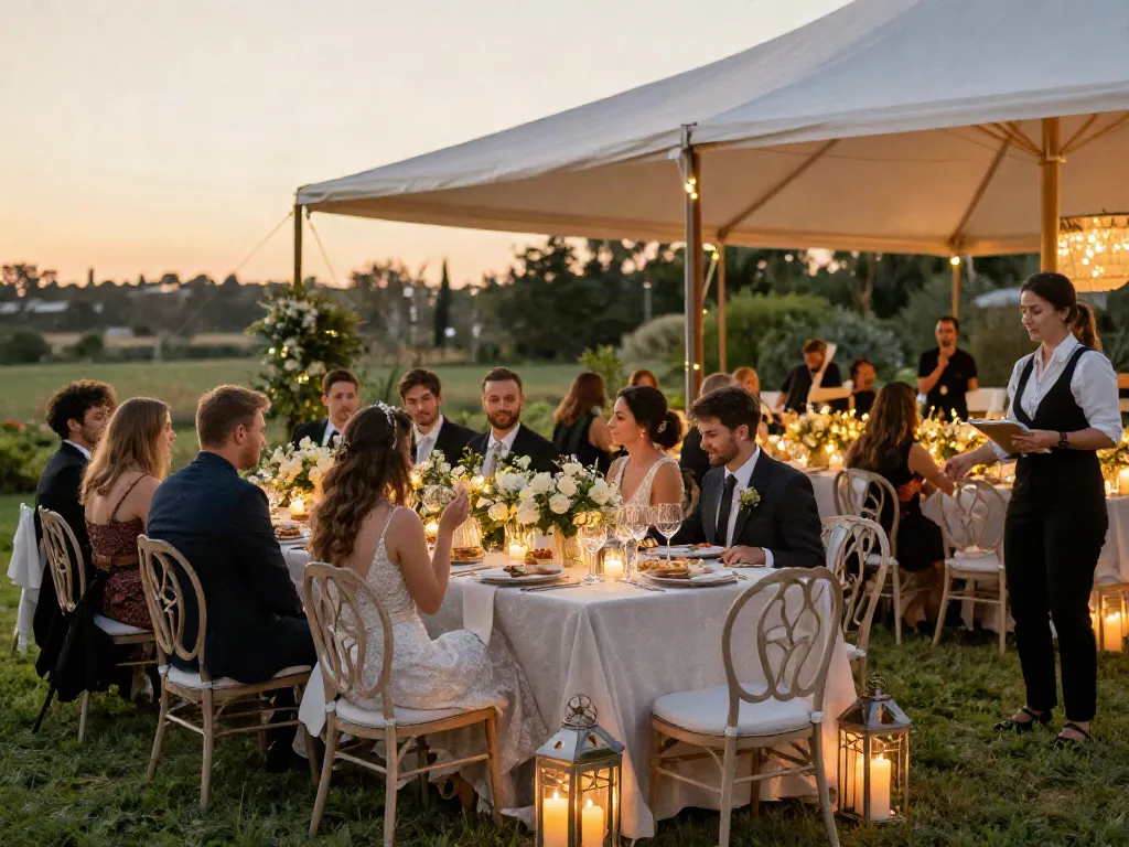 Outdoor wedding reception featuring stunning event rentals with elegant tables, chairs, and ambient lights.
