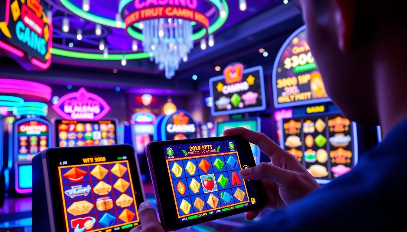 Engage in a lively crypto casino experience while playing digital slots in a neon-lit environment.