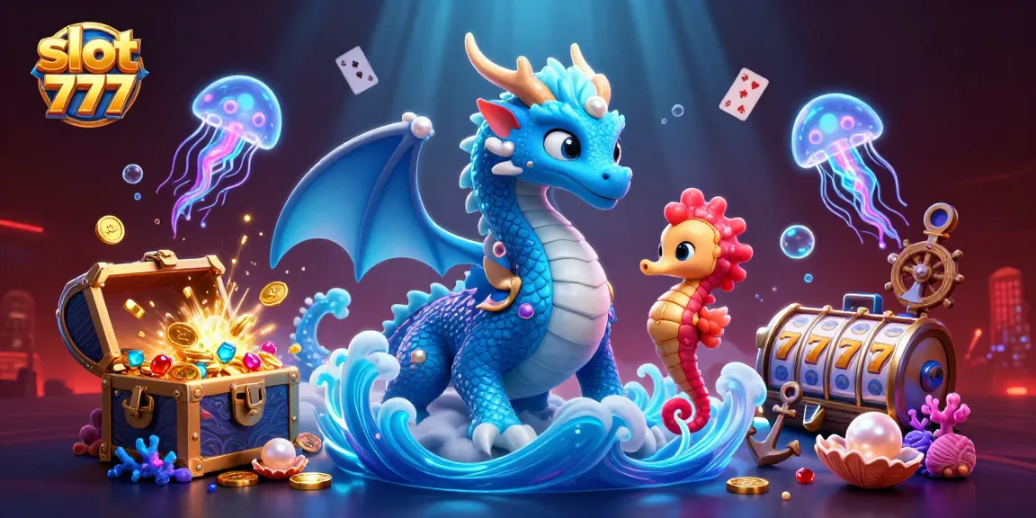 Mainkan slot 777 dengan naga air 3D dan kuda laut bersenjata di latar belakang yang kaya detail.
