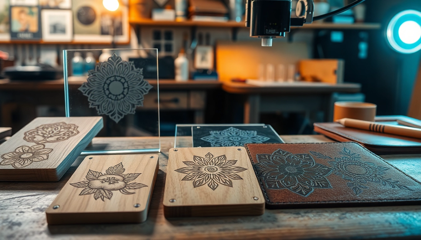 Showcase of laser engraving designs on wood, acrylic, and leather in a workshop.