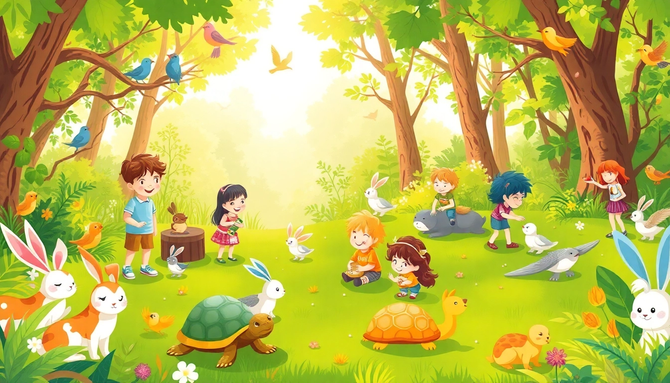 Kids engaging with animals at vibrant animal summer camps for kids in a sunny outdoor setting.