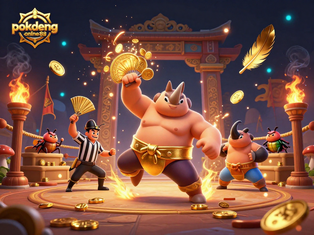 Engage in thrilling gameplay with pokdeng-online88, featuring a dynamic scene of a rhinoceros beetle sumo champion.