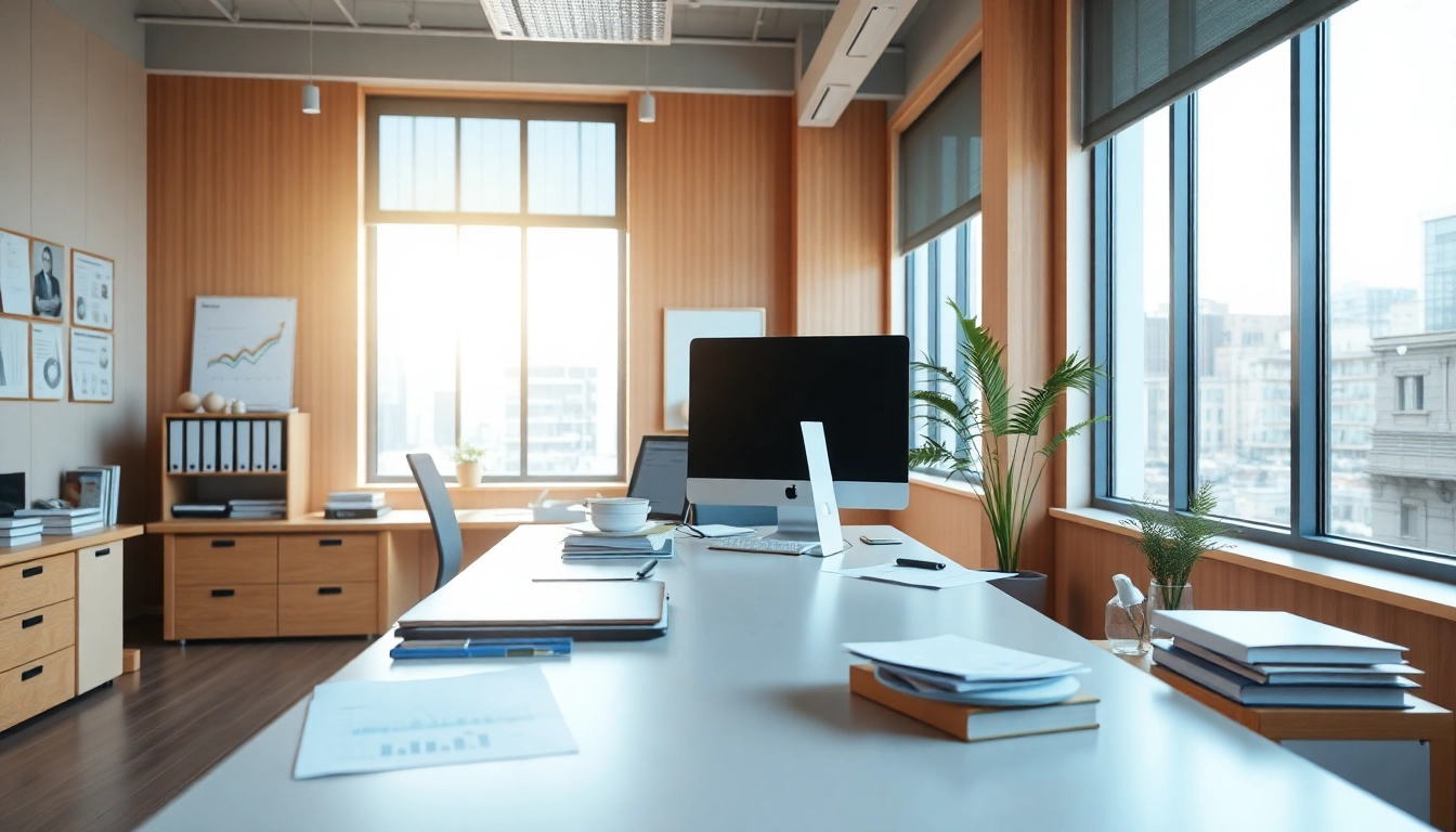 Efficient debt collection uk office with modern design and documents spread across the desk.