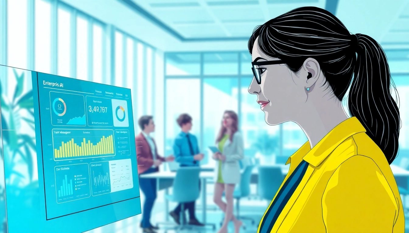 Engaging view of an enterprise ai assistant collaborating with employees in a modern office environment.