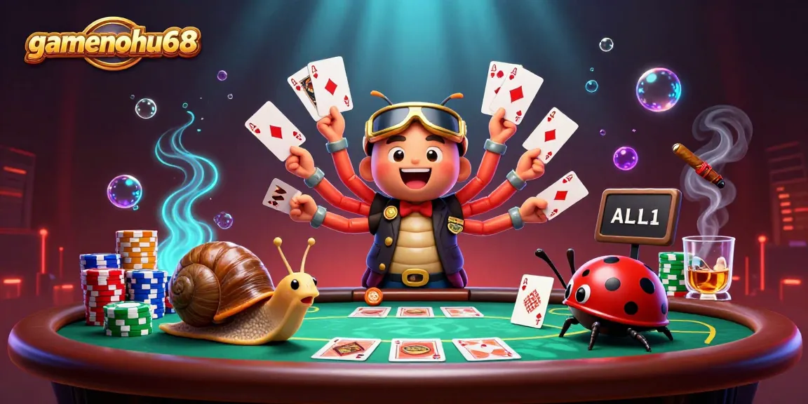 Join the excitement at gamenohu68 with comic casino characters around a poker table overflowing with chips.