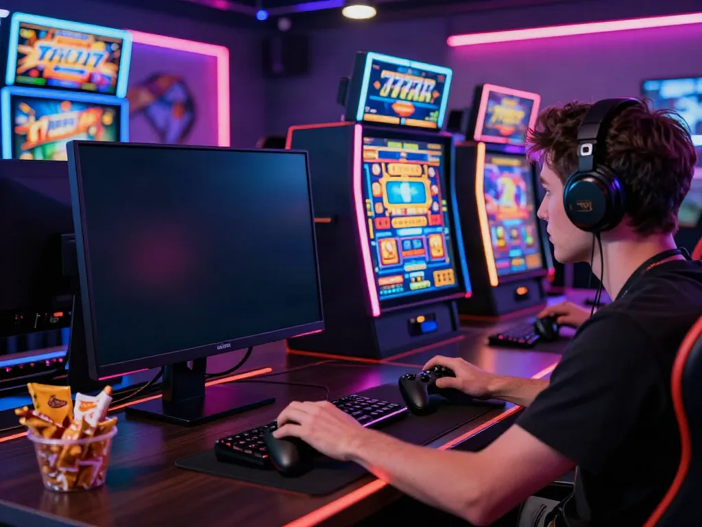 Gamer serius memainkan slot777 dengan suasana modern yang cerah dan menyenangkan.