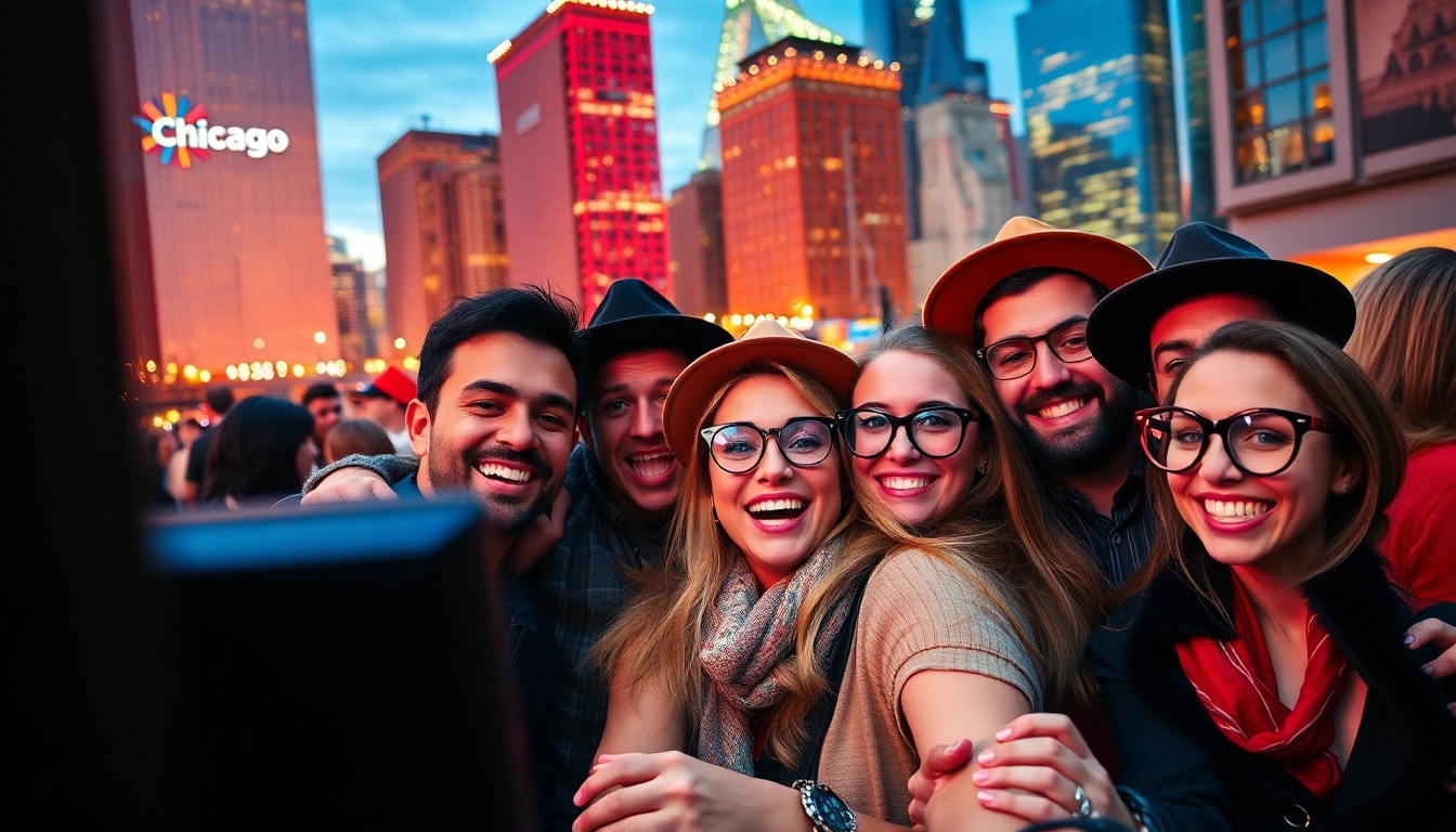Guests enjoying a photo booth chicago experience with vibrant decorations and happy faces.