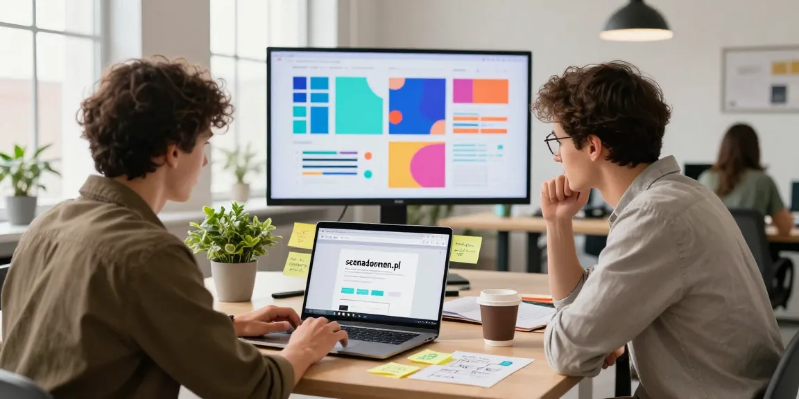 Web development team collaborating on scenadomen.pl website project in a modern office