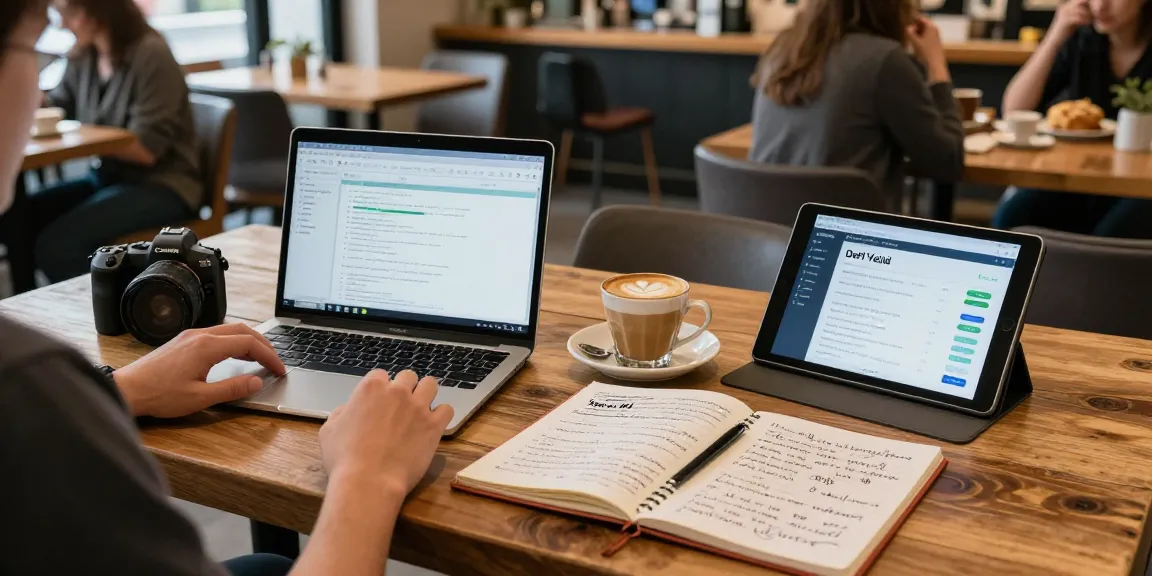 Crypto mining platform learning scene in a coffee shop with blockchain charts, laptop, and notes.