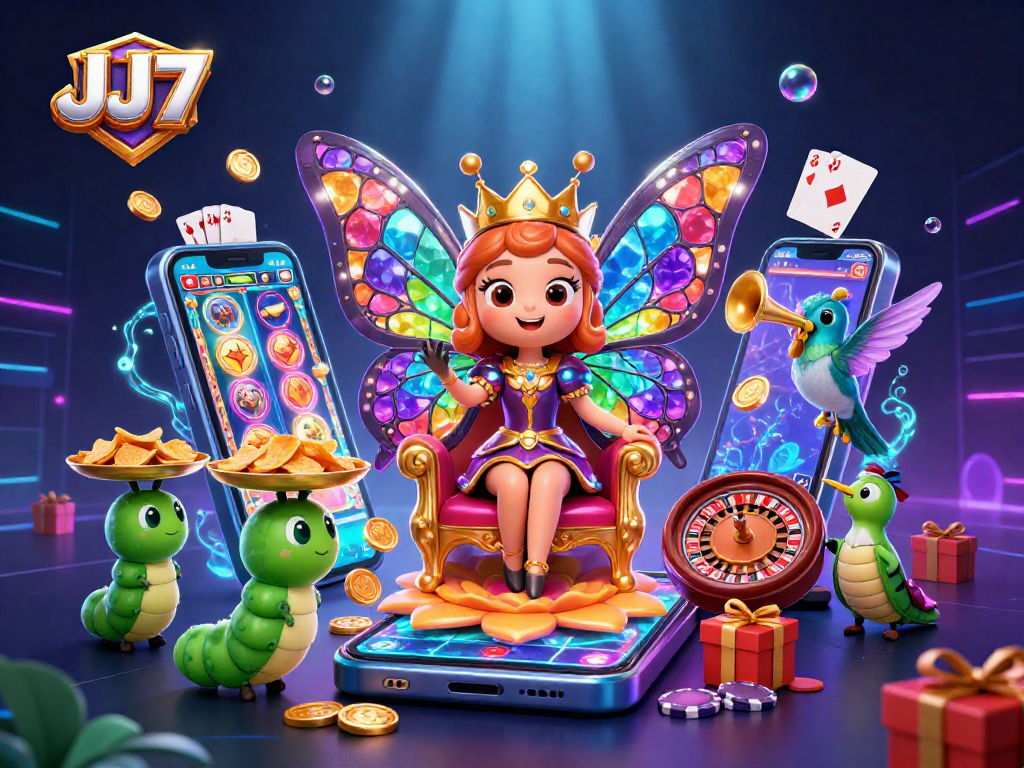 Experience the enchanting JJ77 casino world with a vibrant butterfly queen and shimmering slot games.