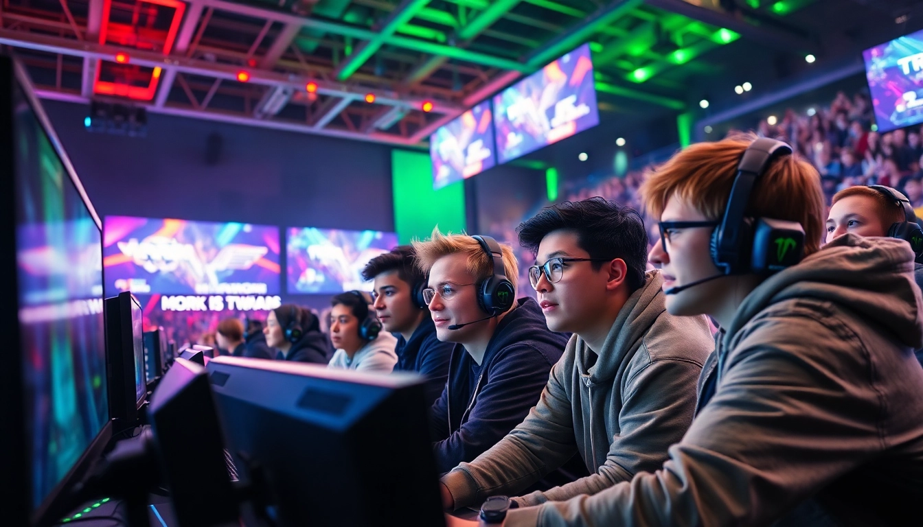 Gamers engaged in a competitive esports tournament at https://gamelevate.com with vibrant lighting and dynamic atmosphere.