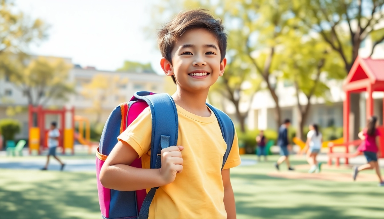 活気ある学校の校庭で、スタイリッシュなランドセルを背負う陽気な男の子。