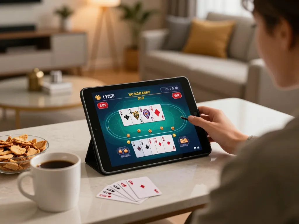 Player engaged in online casino gaming on their tablet at home, showcasing TG88 app interface.