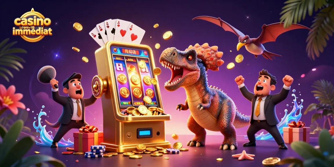 Jackpot en casino retrait immédiat : un pachycéphalosaure joue aux machines avec un manager ankylosaure et un ptérodactyle