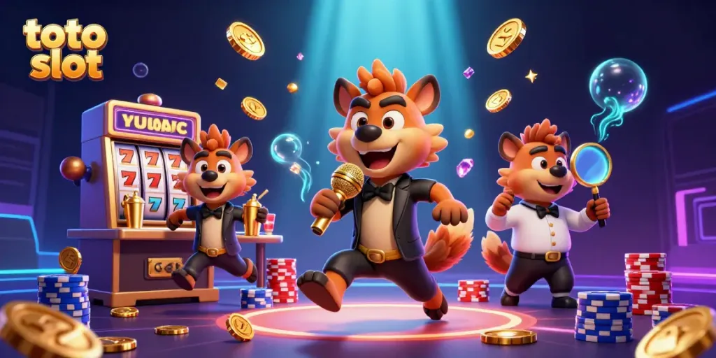 Permainan toto slot yang menarik dengan kartun hyena di kasino penuh warna.