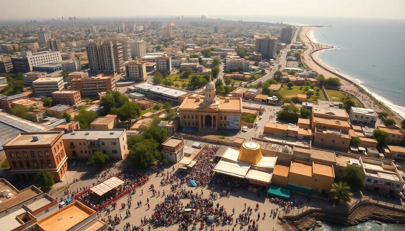 Mogadishu km square captured in a vibrant aerial view, showcasing its urban landscape and cultural richness.