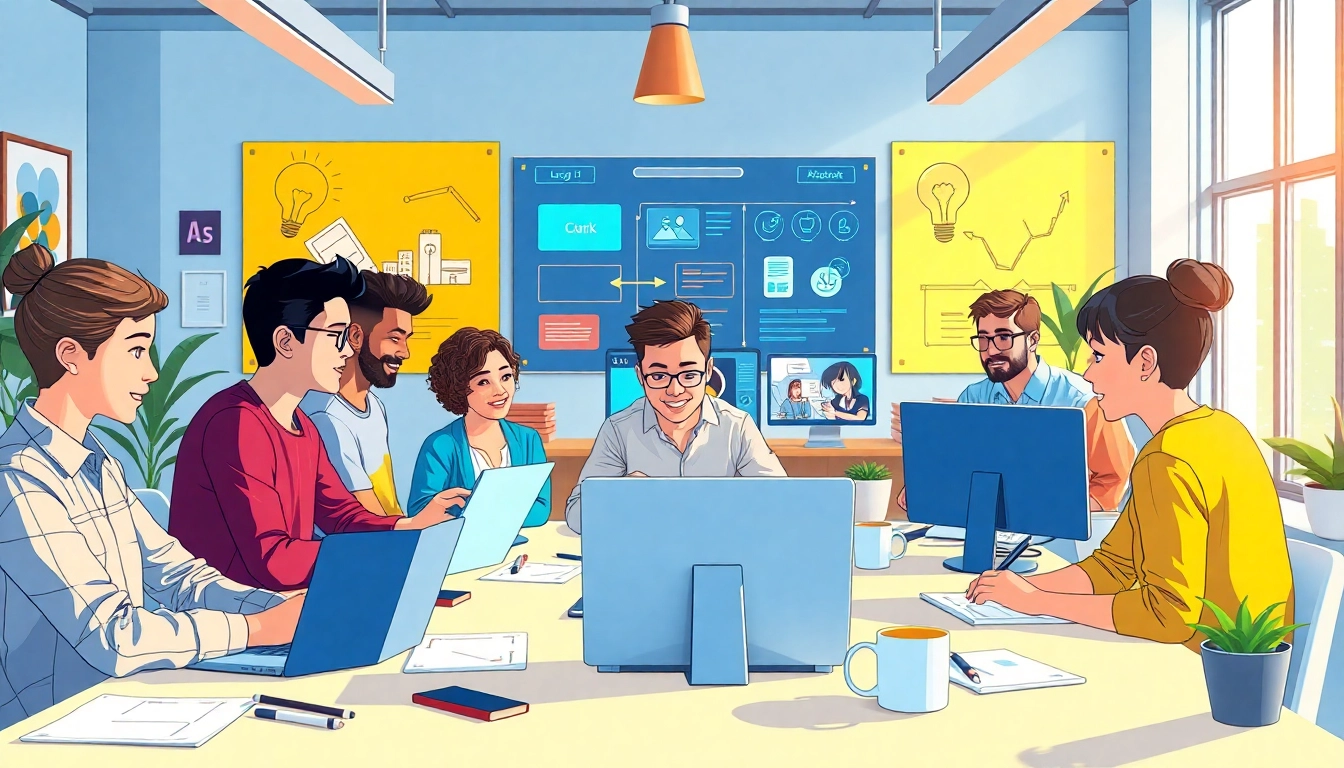 Erklärvideo: Team collaborating on animated video production in a colorful, creative workspace.