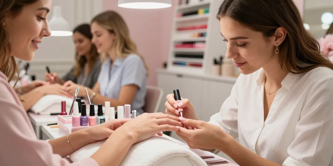 Tehnician de unghii profesionist efectuând o manichiură cu gel constructie unghii într-un salon elegant.
